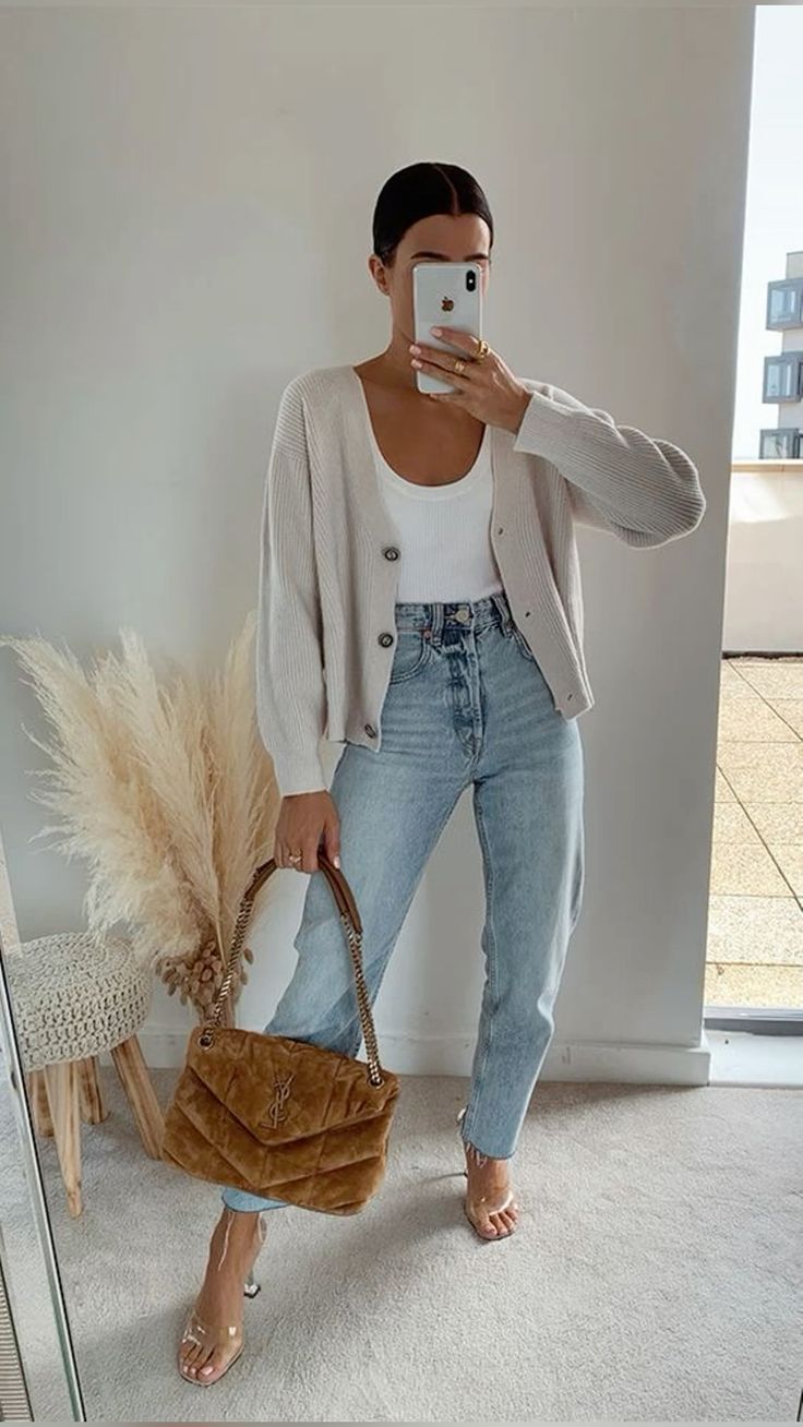 Beige Cardigan with High-Waisted Jeans and Clear Heels